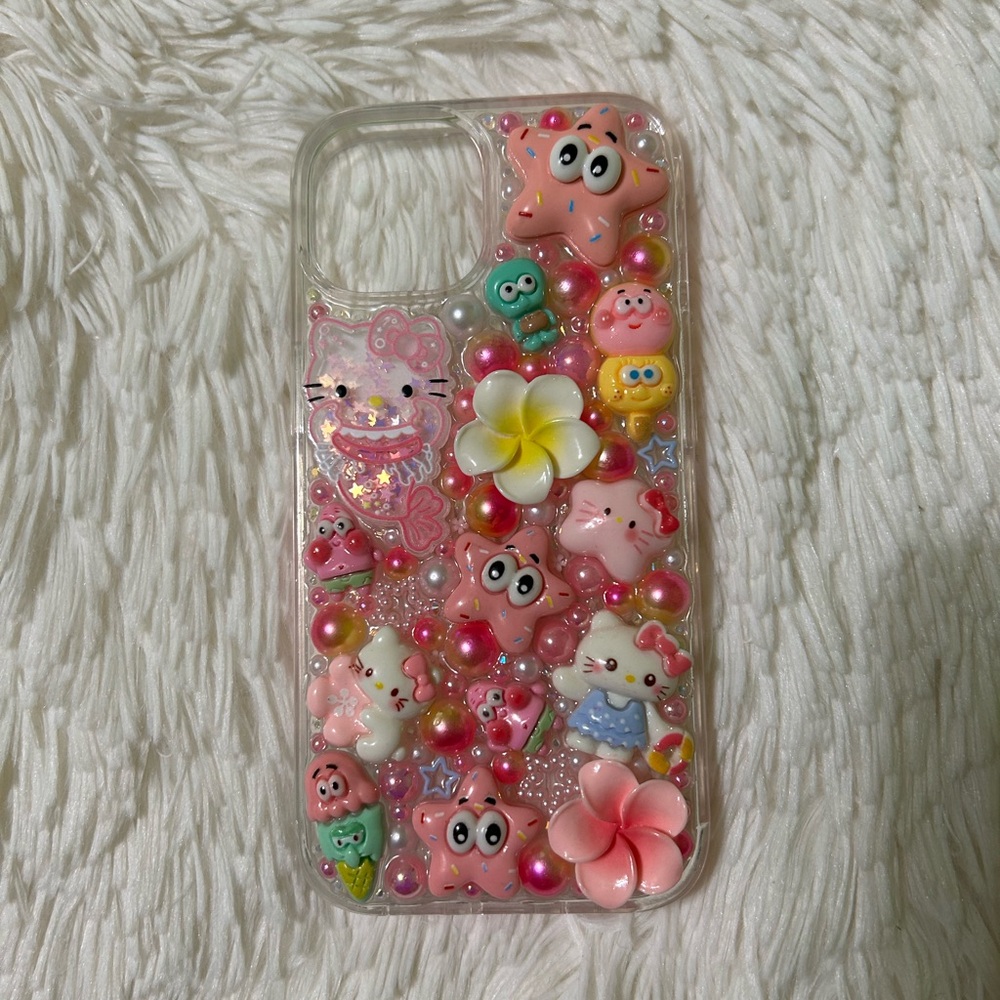 Handmade iPhone 15 Junk Case Hello Kitty Spongebob Kawaii Tropical Y2K